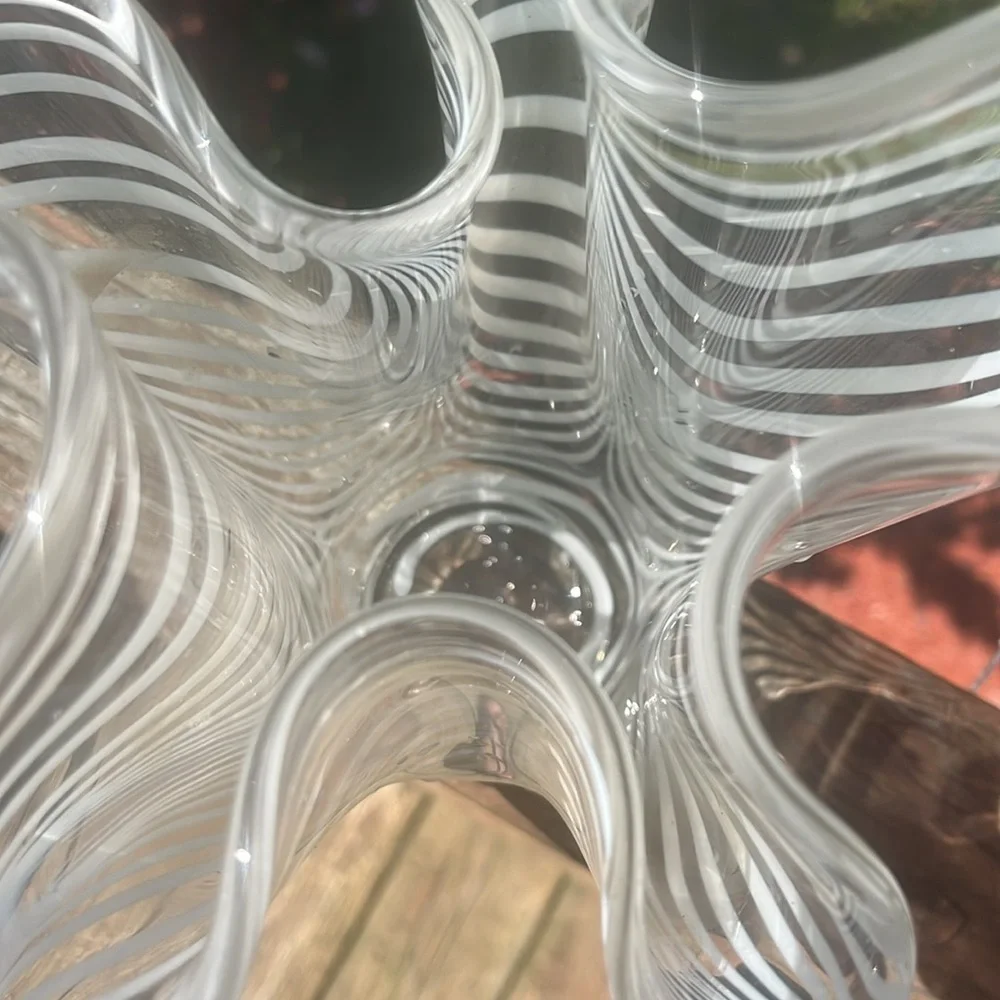 GLASS VASE HANDKERCHIEF SCALLOPED WHITE STRIPES 9” tall